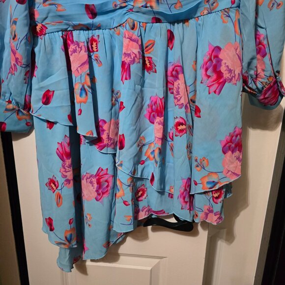 Fashion To Figure Sky Blue High-low Midi Dress W Pink Floral Design Plus Size 0 - Picture 8 of 11